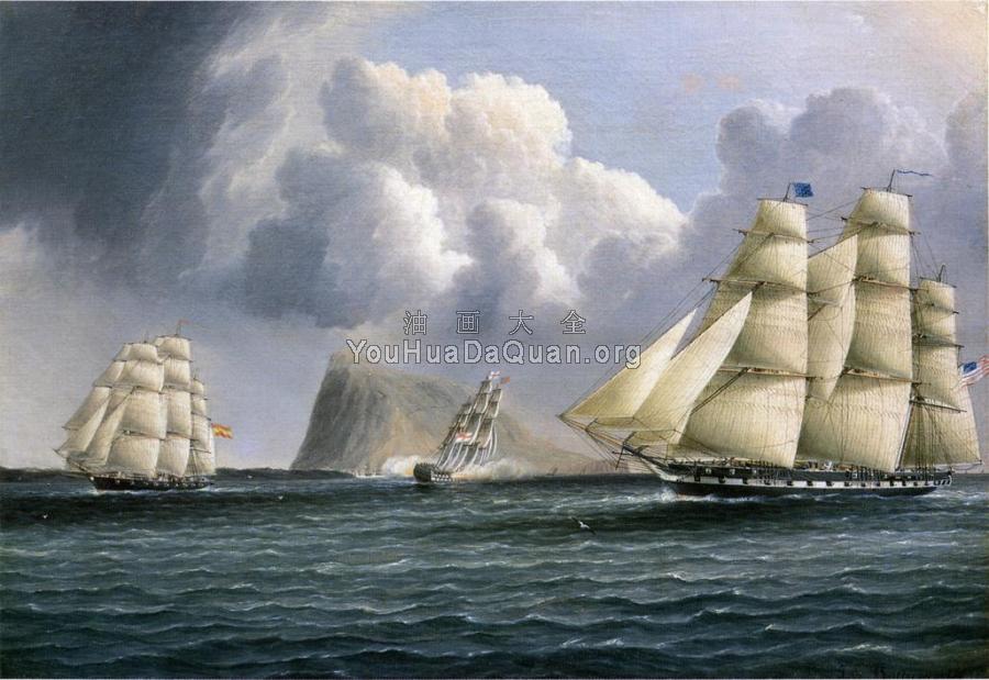 American Frigate off Gibralter Flying a Commodore's Pennant - 詹姆斯·E·巴特斯沃思
